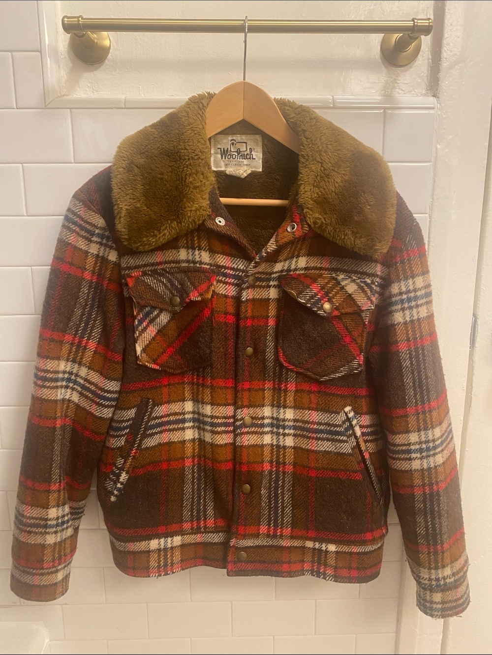 Vintage 70’s Woolrich Plaid Wool Jacket with Brown Faux Fur Collar & Lining